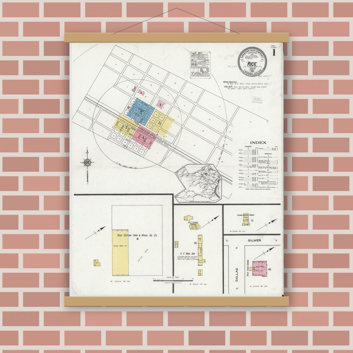 Old map wall art mockup — magnetic wood frame on brick wall — Sanborn Fire Insurance Map from Rice, Navarro County, Texas (1921), Sheet #0001
