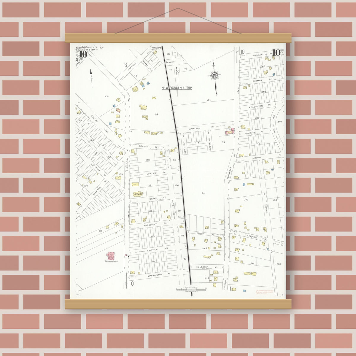 Old map wall art mockup — magnetic wood frame on brick wall — Sanborn Fire Insurance Map from New Providence, Union County, New Jersey (1938), Sheet #0010