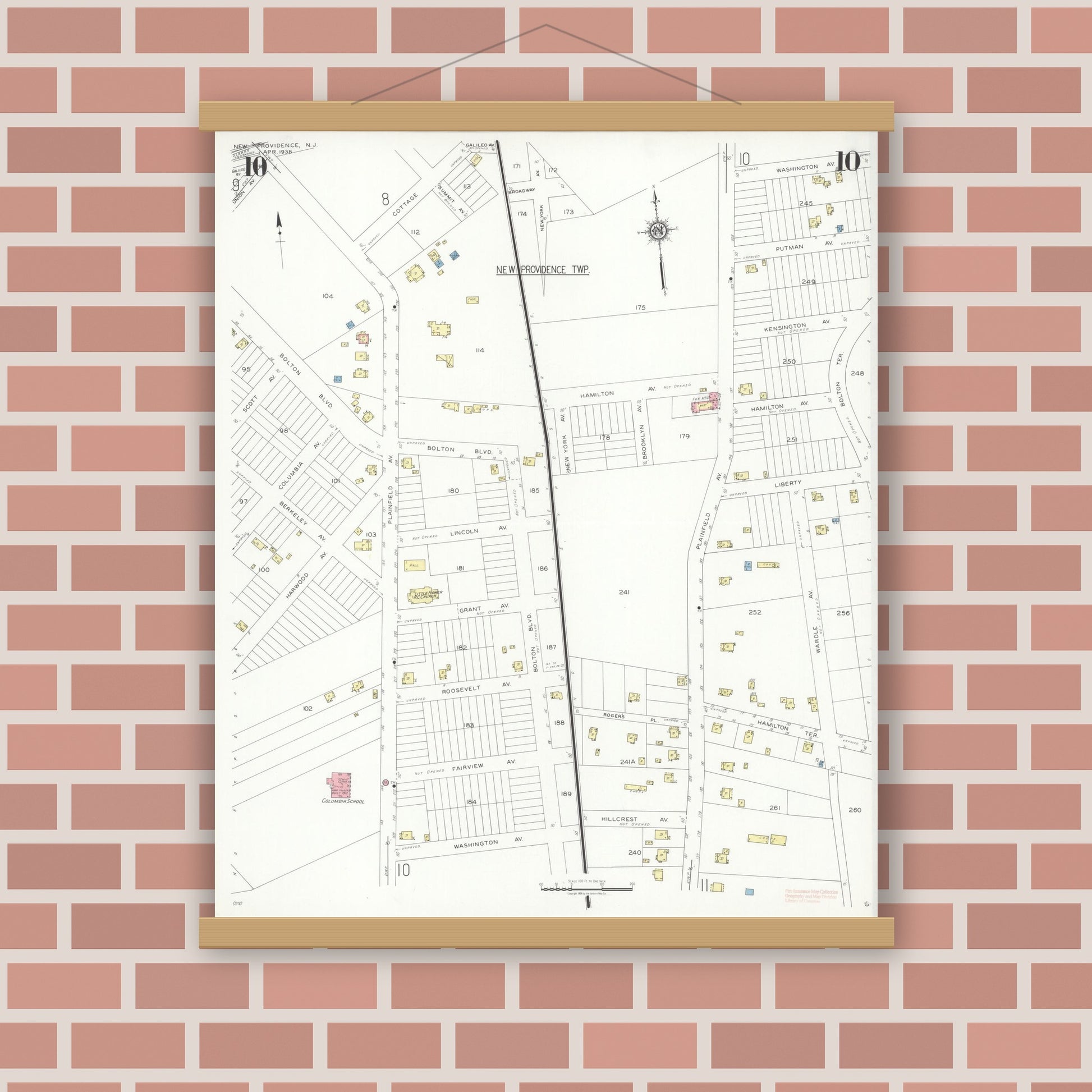 Old map wall art mockup — magnetic wood frame on brick wall — Sanborn Fire Insurance Map from New Providence, Union County, New Jersey (1938), Sheet #0010
