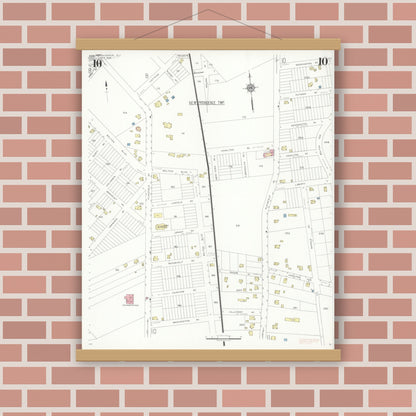 Old map wall art mockup — magnetic wood frame on brick wall — Sanborn Fire Insurance Map from New Providence, Union County, New Jersey (1938), Sheet #0010