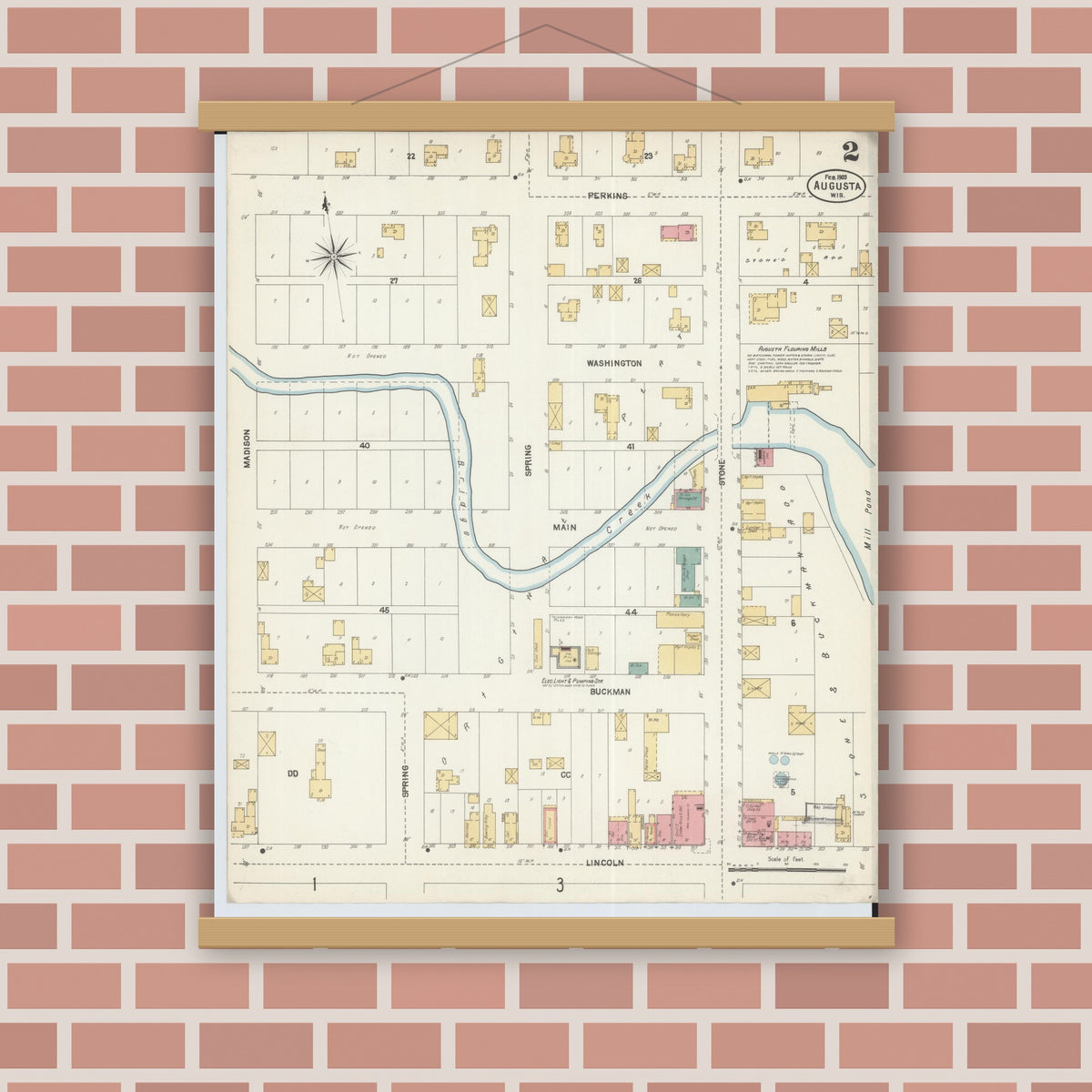 Old map wall art mockup — magnetic wood frame on brick wall — Sanborn Fire Insurance Map from Augusta, Eau Claire County, Wisconsin (1903) - Complete Map Set