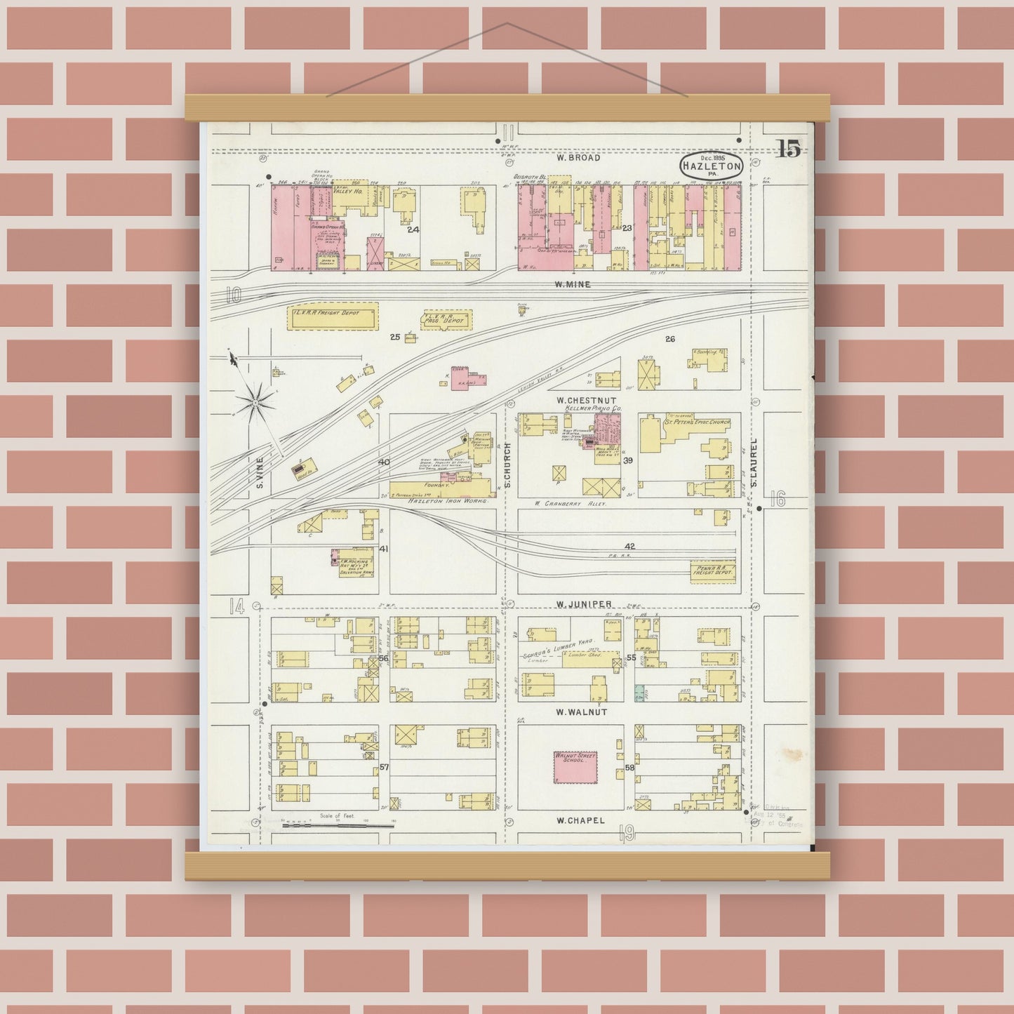 Old map wall art mockup — magnetic wood frame on brick wall — Sanborn Fire Insurance Map from Hazleton, Luzerne County, Pennsylvania (1895), Sheet #0015
