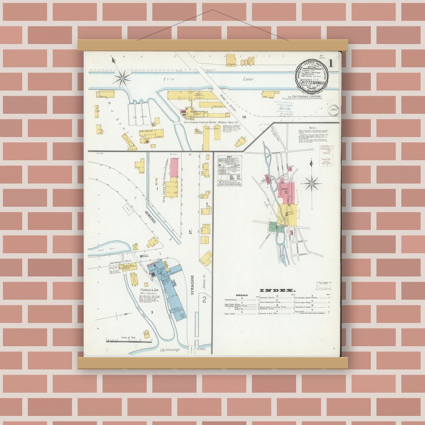 Old map wall art mockup — magnetic wood frame on brick wall — Sanborn Fire Insurance Map from Chittenango, Madison County, New York (1900) - Complete Map Set
