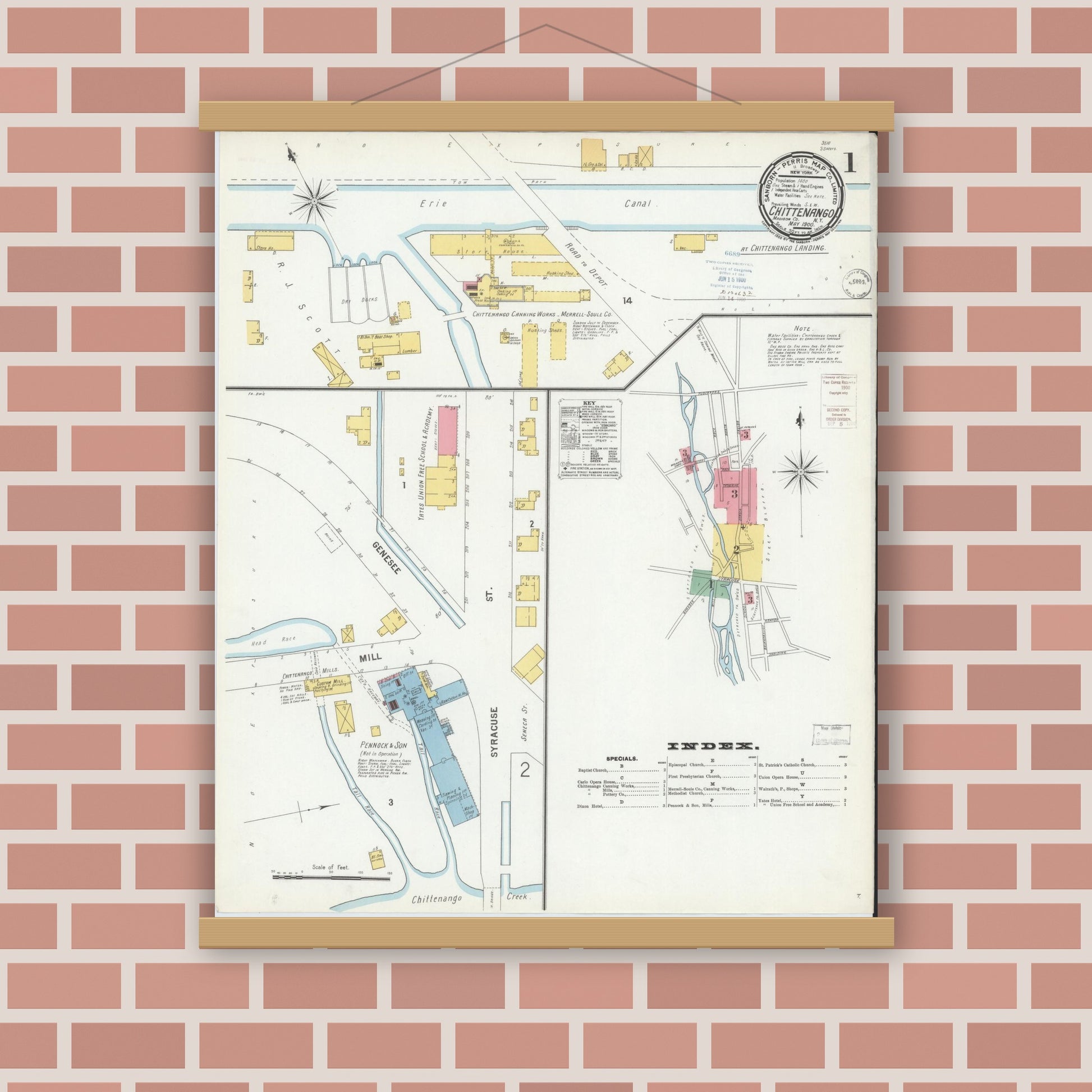 Old map wall art mockup — magnetic wood frame on brick wall — Sanborn Fire Insurance Map from Chittenango, Madison County, New York (1900) - Complete Map Set