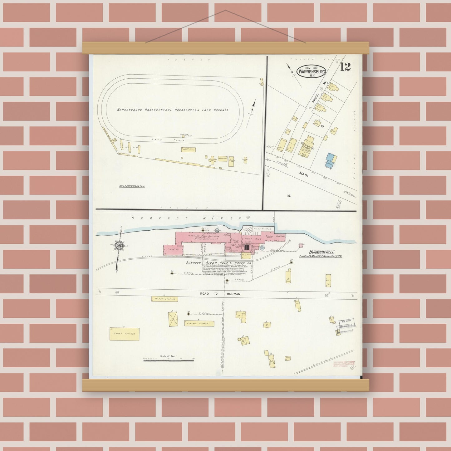 Old map wall art mockup — magnetic wood frame on brick wall — Sanborn Fire Insurance Map from Warrensburg, Warren County, New York (1912), Sheet #0012