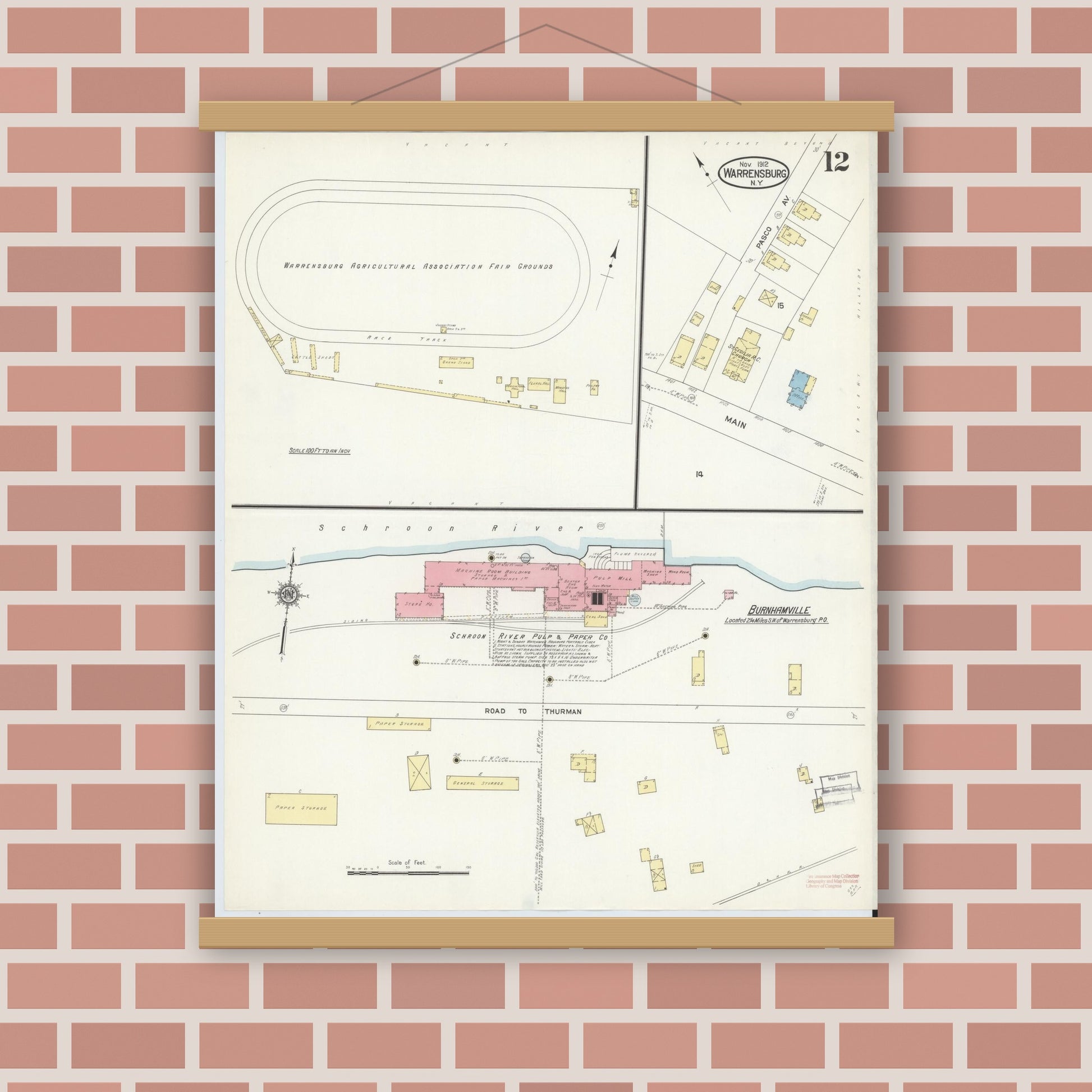 Old map wall art mockup — magnetic wood frame on brick wall — Sanborn Fire Insurance Map from Warrensburg, Warren County, New York (1912), Sheet #0012