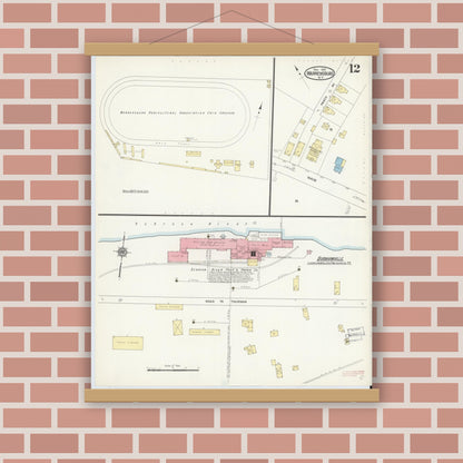 Old map wall art mockup — magnetic wood frame on brick wall — Sanborn Fire Insurance Map from Warrensburg, Warren County, New York (1912), Sheet #0012