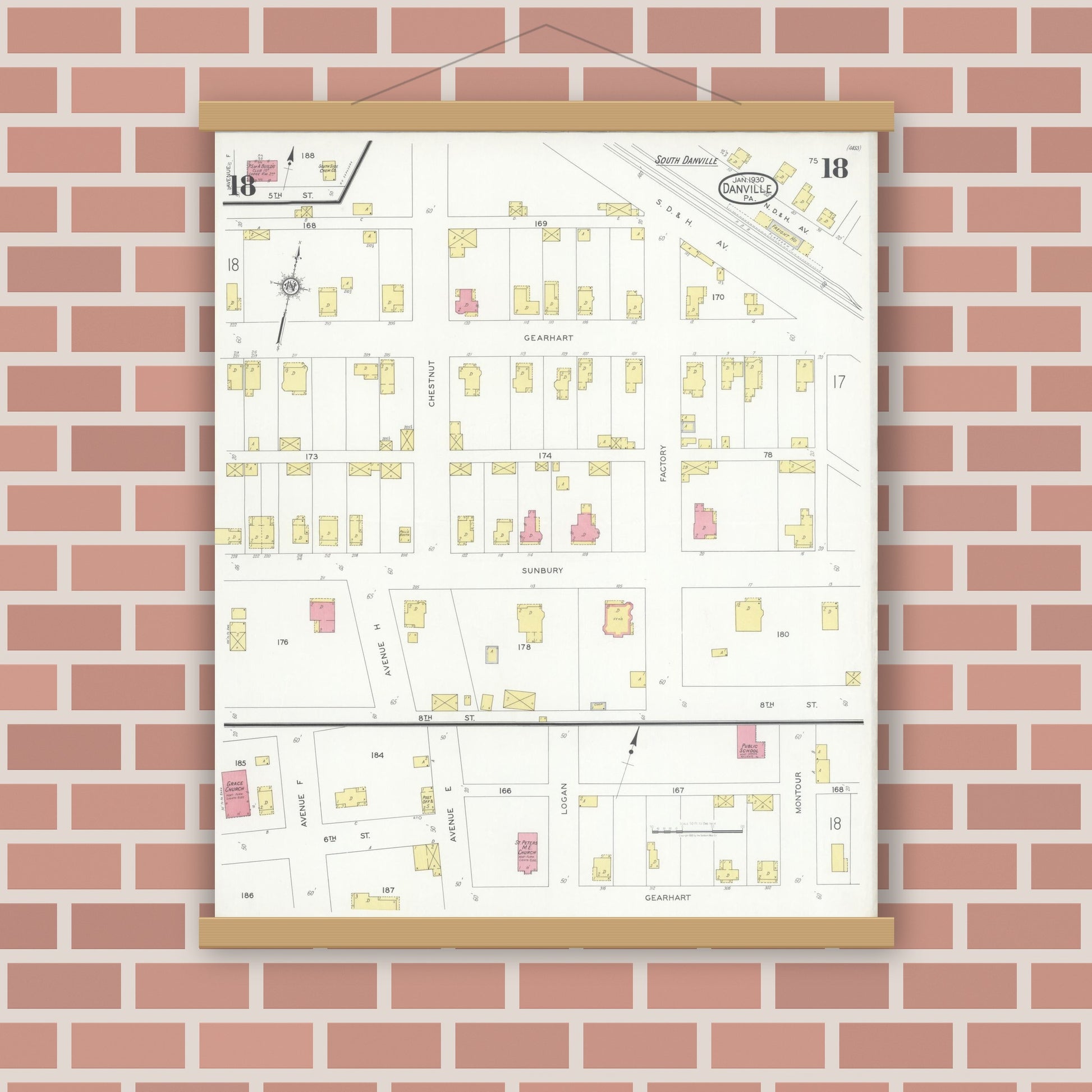 Old map wall art mockup — magnetic wood frame on brick wall — Sanborn Fire Insurance Map from Danville, Montour County, Pennsylvania (1930), Sheet #0018