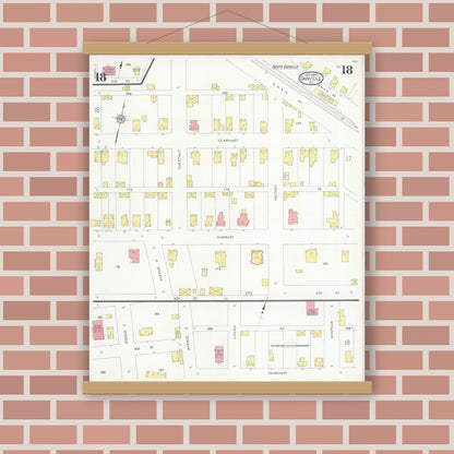 Old map wall art mockup — magnetic wood frame on brick wall — Sanborn Fire Insurance Map from Danville, Montour County, Pennsylvania (1930), Sheet #0018