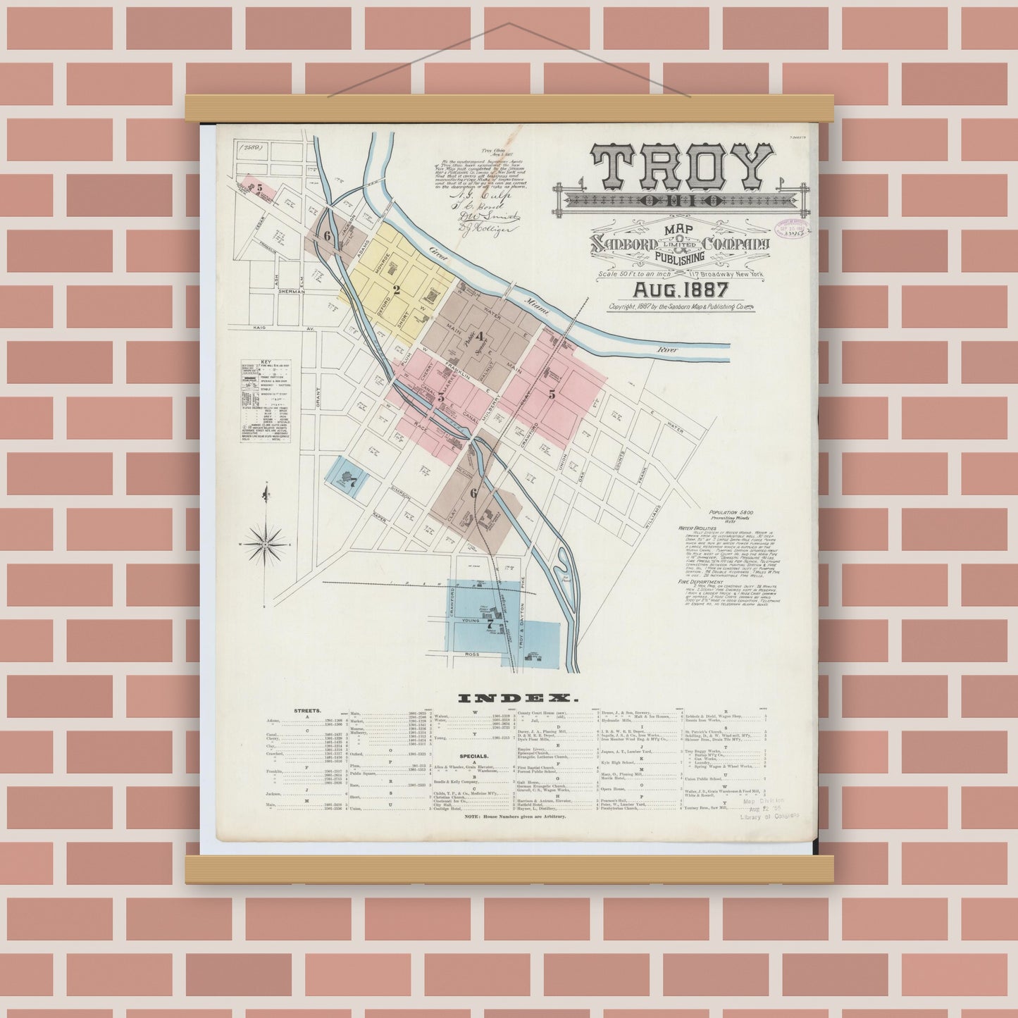 Old map wall art mockup — magnetic wood frame on brick wall — Sanborn Fire Insurance Map from Troy, Miami County, Ohio (1887), Sheet #0001