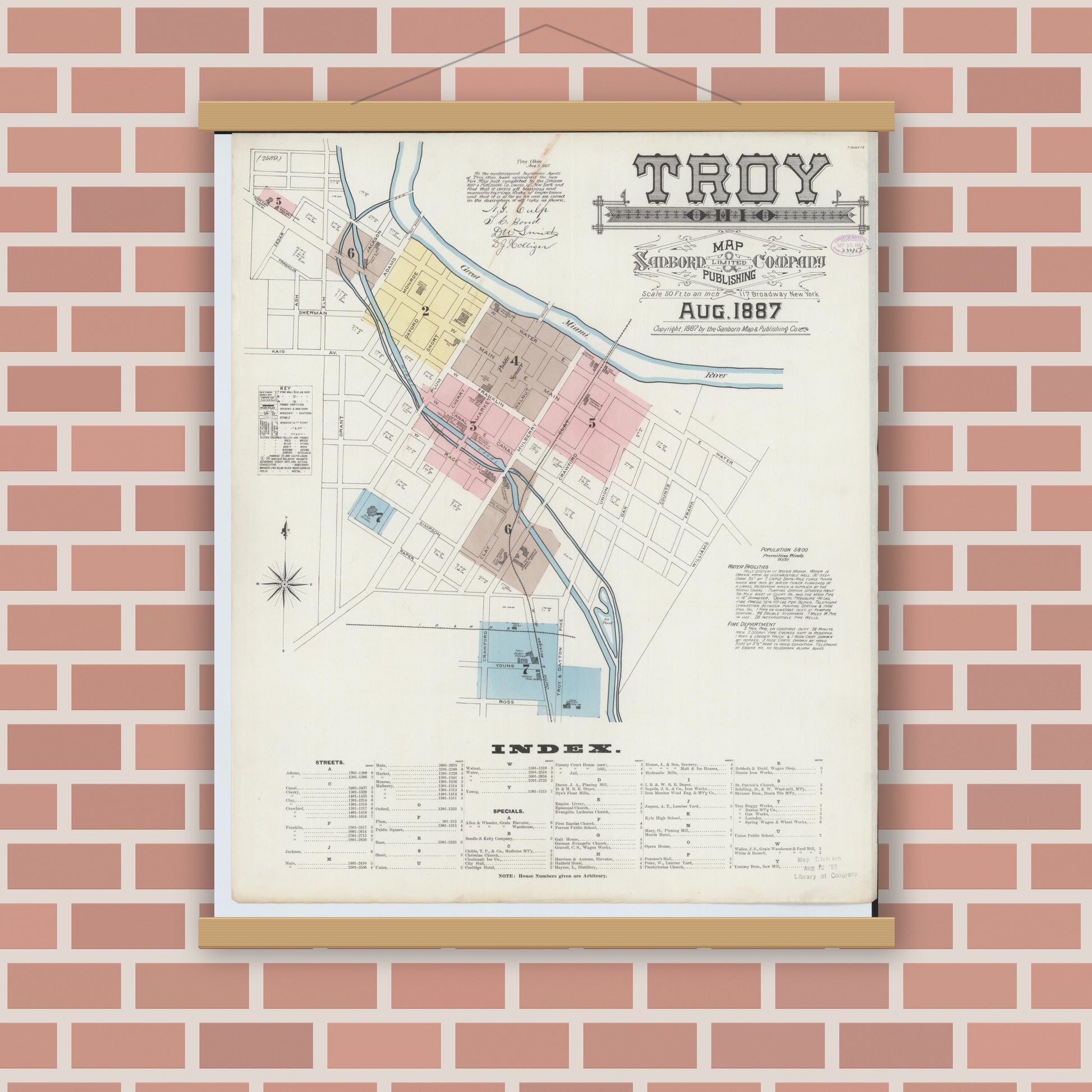 Old map wall art mockup — magnetic wood frame on brick wall — Sanborn Fire Insurance Map from Troy, Miami County, Ohio (1887), Sheet #0001