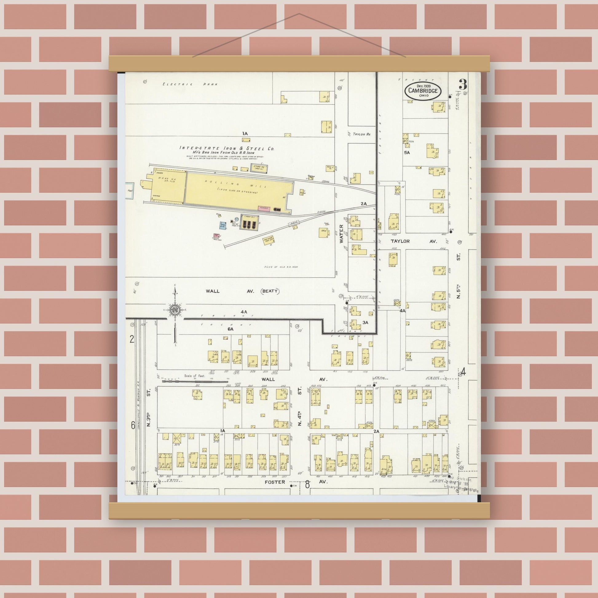 Old map wall art mockup — magnetic wood frame on brick wall — Sanborn Fire Insurance Map from Cambridge, Guernsey County, Ohio (1909), Sheet #0003
