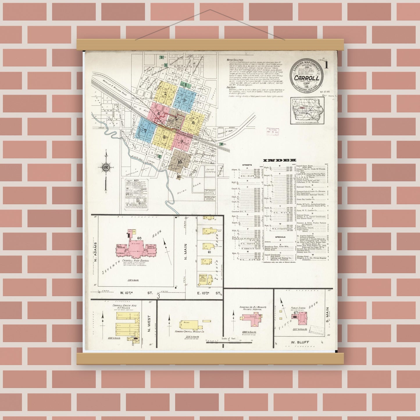 Old map wall art mockup — magnetic wood frame on brick wall — Sanborn Fire Insurance Map from Carroll, Carroll County, Iowa (1915) â€” Complete Set