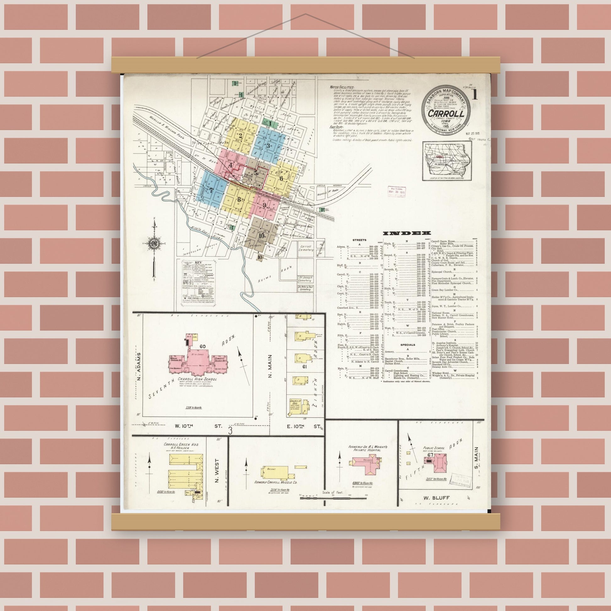 Old map wall art mockup — magnetic wood frame on brick wall — Sanborn Fire Insurance Map from Carroll, Carroll County, Iowa (1915) â€” Complete Set