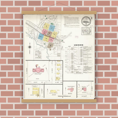 Old map wall art mockup — magnetic wood frame on brick wall — Sanborn Fire Insurance Map from Carroll, Carroll County, Iowa (1915) â€” Complete Set