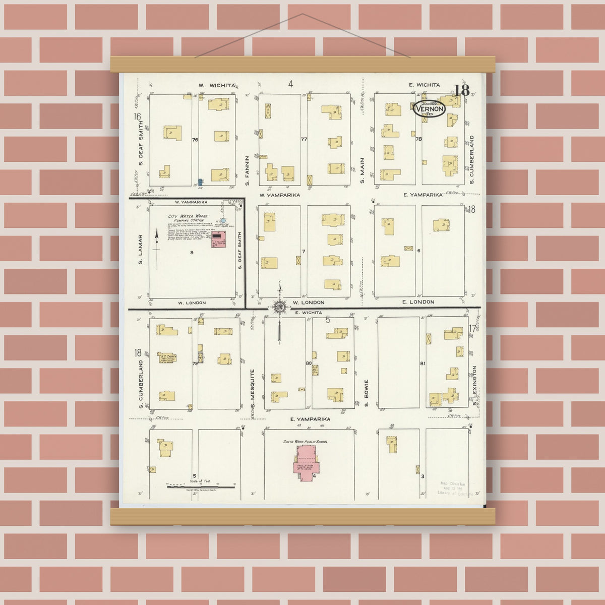 Old map wall art mockup — magnetic wood frame on brick wall — Sanborn Fire Insurance Map from Vernon, Wilbarger County, Texas (1920), Sheet #0018