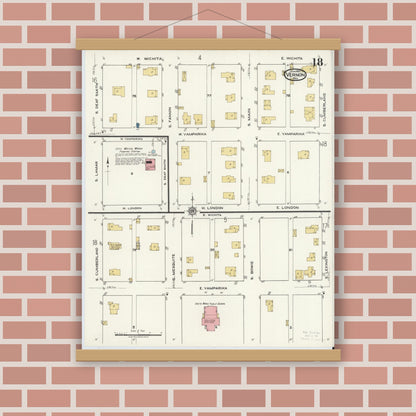 Old map wall art mockup — magnetic wood frame on brick wall — Sanborn Fire Insurance Map from Vernon, Wilbarger County, Texas (1920), Sheet #0018