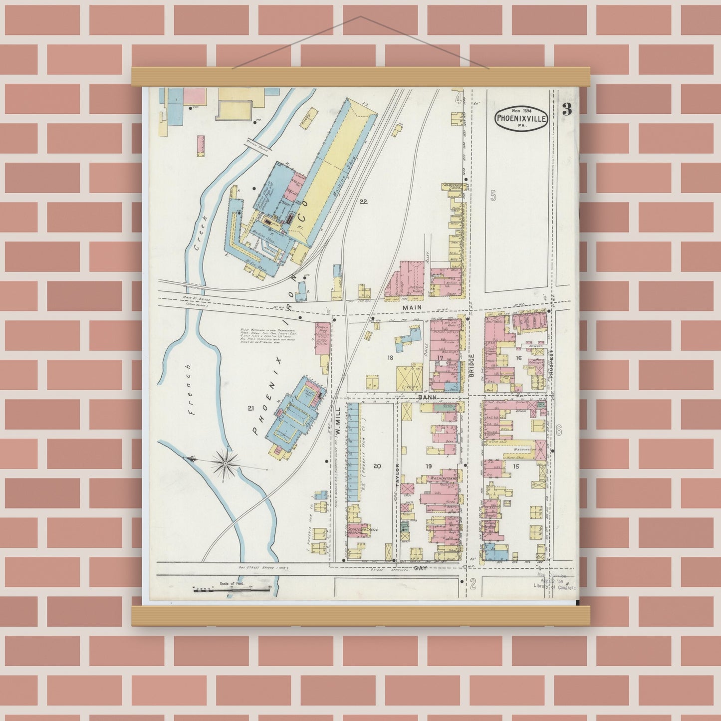 Old map wall art mockup — magnetic wood frame on brick wall — Sanborn Fire Insurance Map from Phoenixville, Chester County, Pennsylvania (1894), Sheet #0003