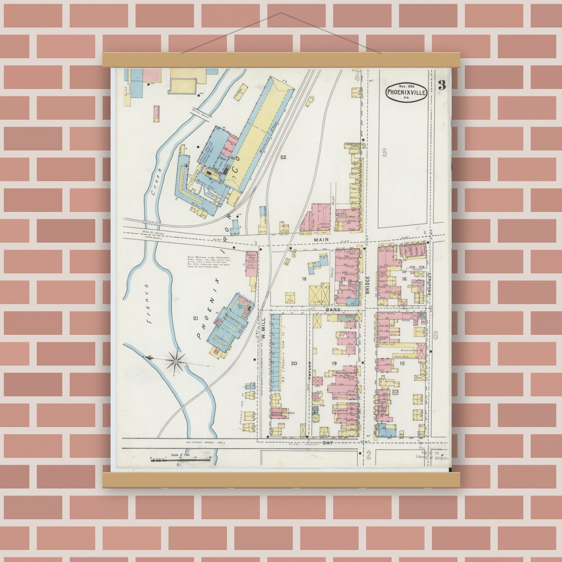 Old map wall art mockup — magnetic wood frame on brick wall — Sanborn Fire Insurance Map from Phoenixville, Chester County, Pennsylvania (1894), Sheet #0003