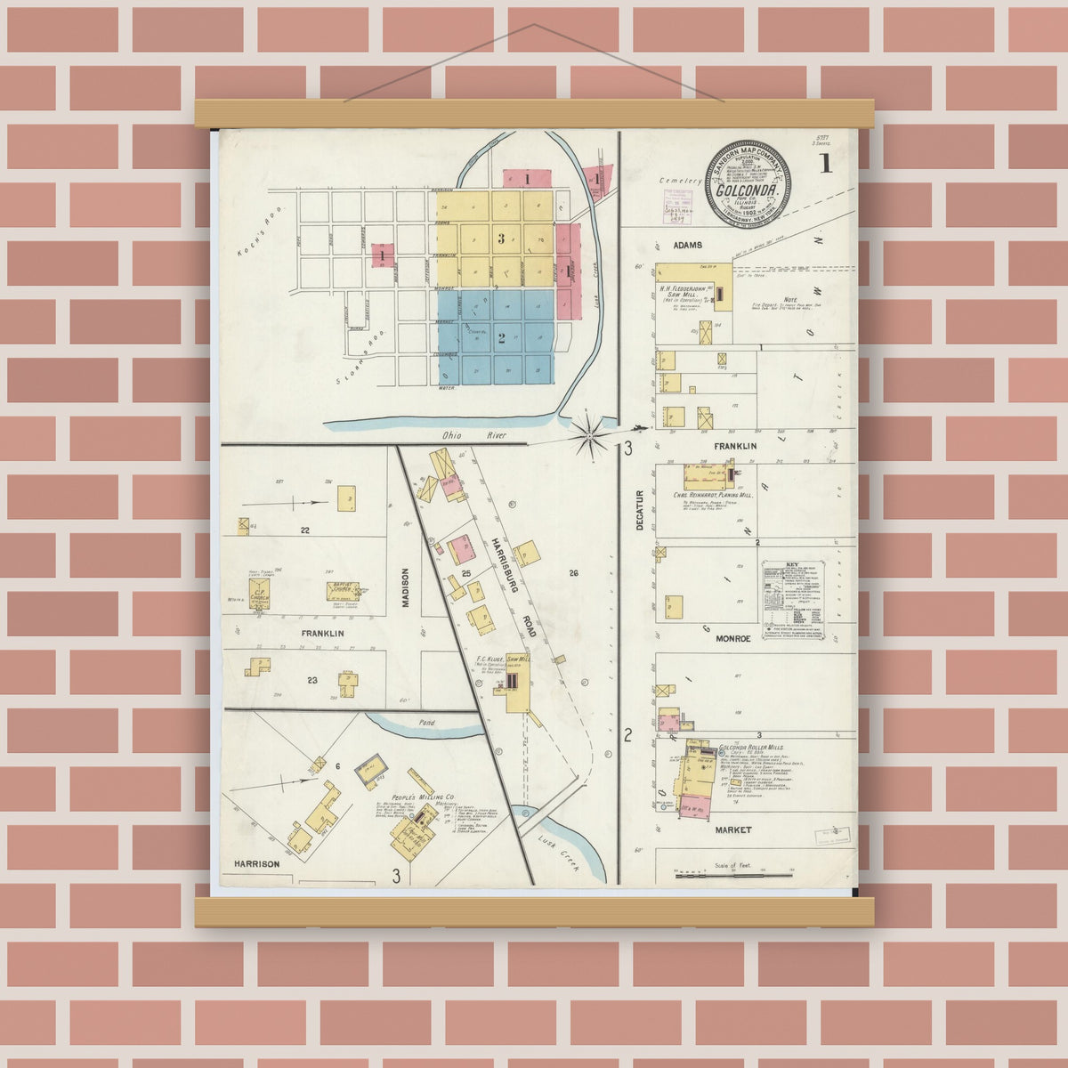 Old map wall art mockup — magnetic wood frame on brick wall — Sanborn Fire Insurance Map from Golconda, Pope County, Illinois (1902) - Complete Map Set