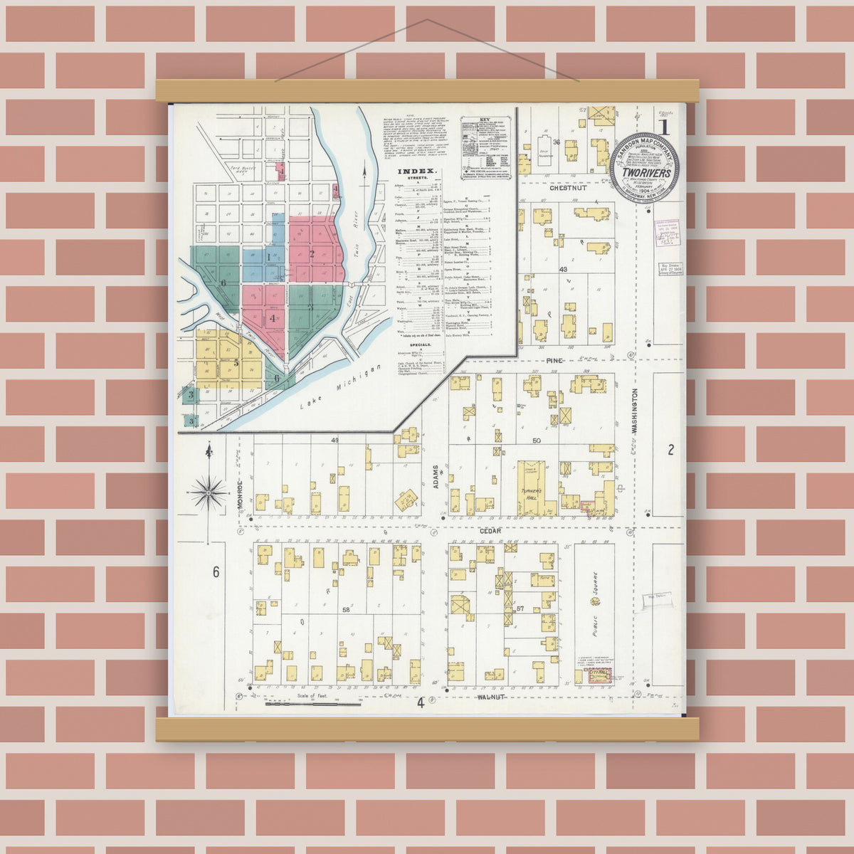 Old map wall art mockup — magnetic wood frame on brick wall — Sanborn Fire Insurance Map from Two Rivers, Manitowoc County, Wisconsin (1904) - Complete Map Set