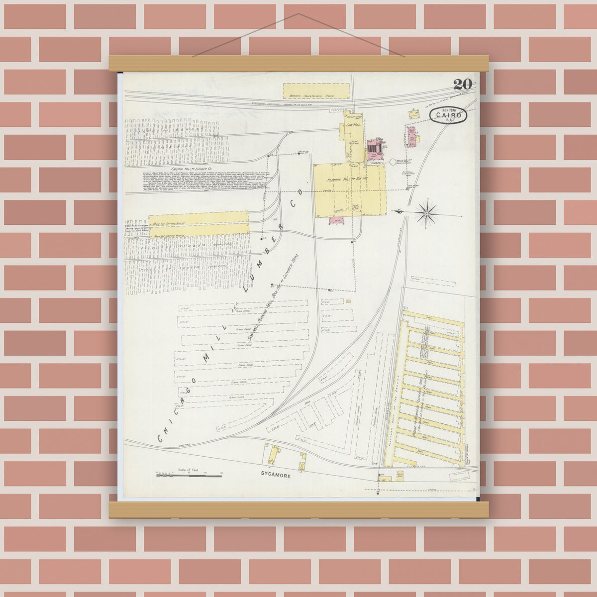 Old map wall art mockup — magnetic wood frame on brick wall — Sanborn Fire Insurance Map from Cairo, Alexander County, Illinois (1896), Sheet #0020