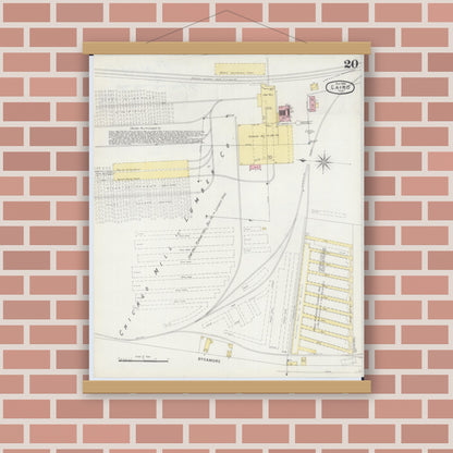 Old map wall art mockup — magnetic wood frame on brick wall — Sanborn Fire Insurance Map from Cairo, Alexander County, Illinois (1896), Sheet #0020
