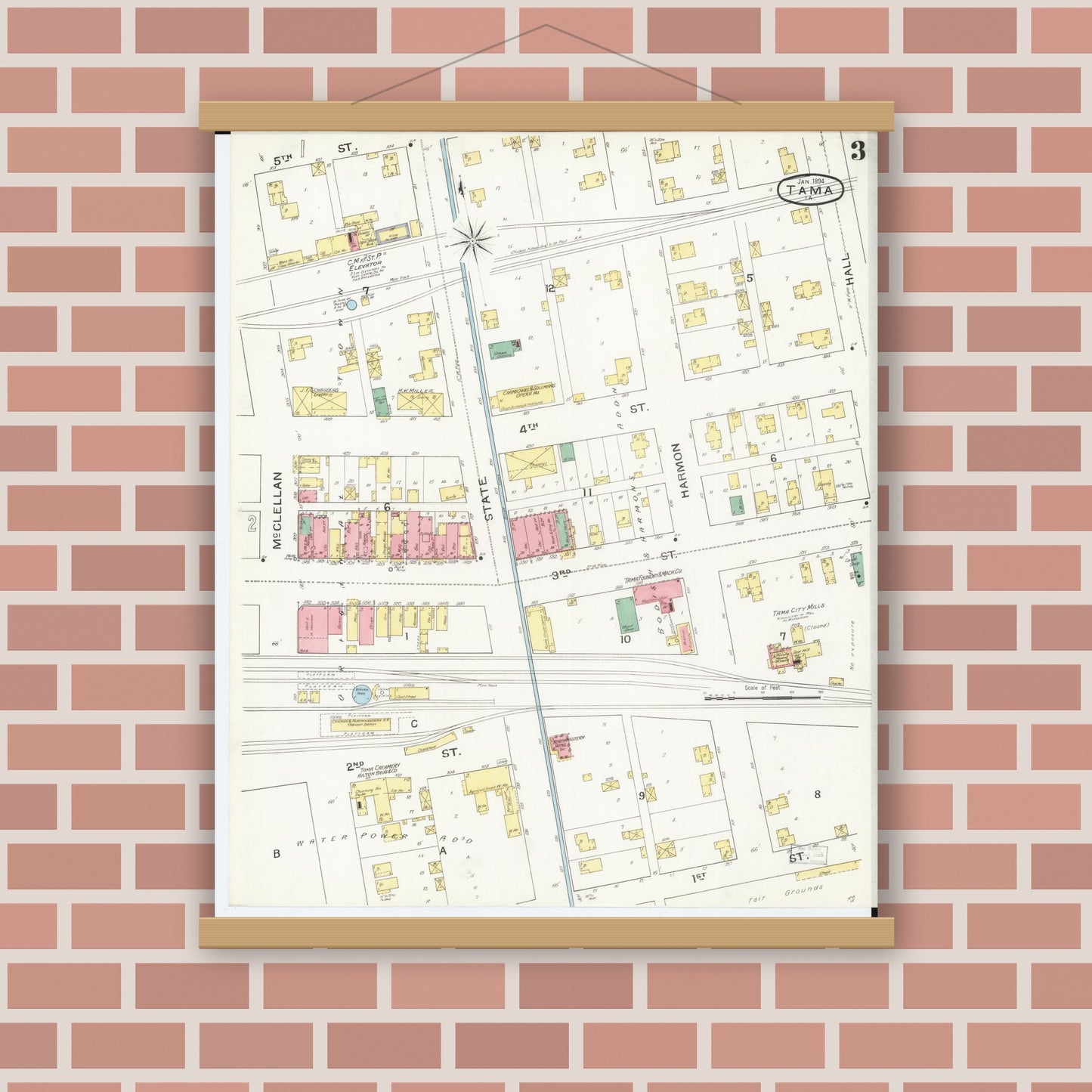 Old map wall art mockup — magnetic wood frame on brick wall — Sanborn Fire Insurance Map from Tama, Tama County, Iowa (1894), Sheet #0003