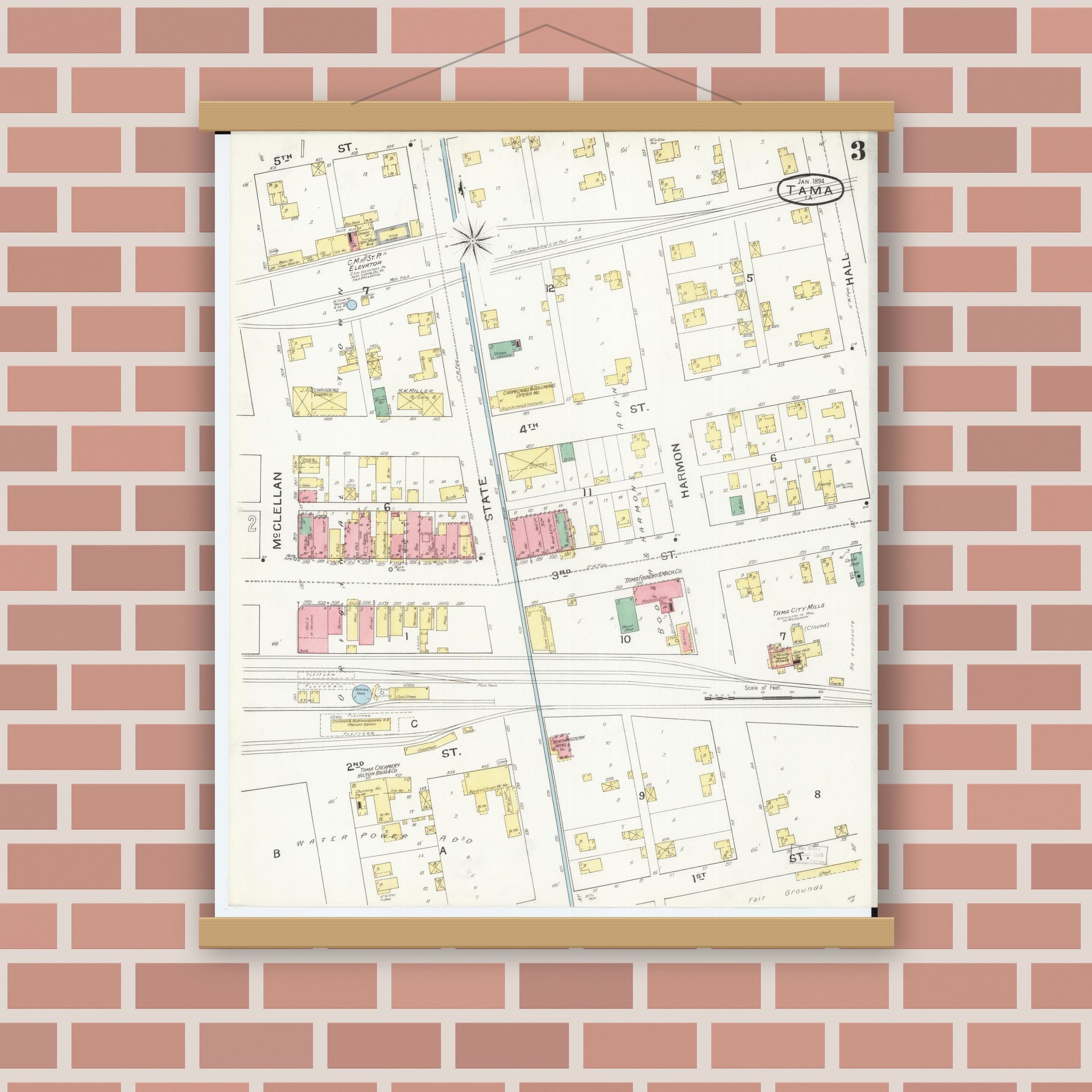 Old map wall art mockup — magnetic wood frame on brick wall — Sanborn Fire Insurance Map from Tama, Tama County, Iowa (1894), Sheet #0003