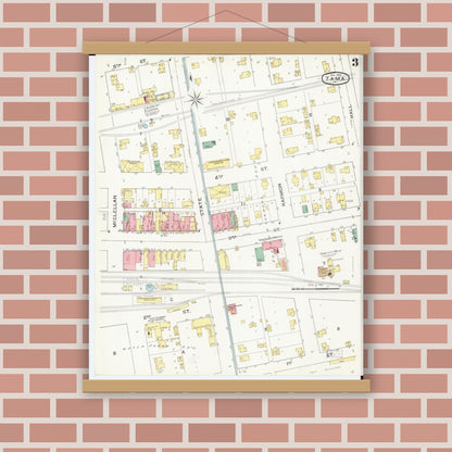 Old map wall art mockup — magnetic wood frame on brick wall — Sanborn Fire Insurance Map from Tama, Tama County, Iowa (1894), Sheet #0003