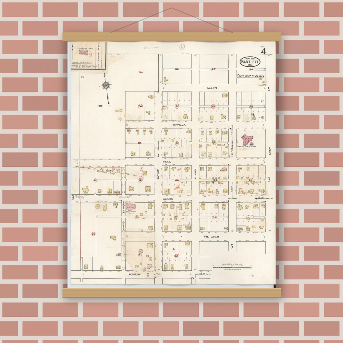 Old map wall art mockup — magnetic wood frame on brick wall — Sanborn Fire Insurance Map from Bartlett, Bell and Williamson Counties, Texas (1940), Sheet #0004