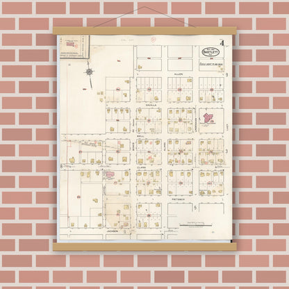 Old map wall art mockup — magnetic wood frame on brick wall — Sanborn Fire Insurance Map from Bartlett, Bell and Williamson Counties, Texas (1940), Sheet #0004