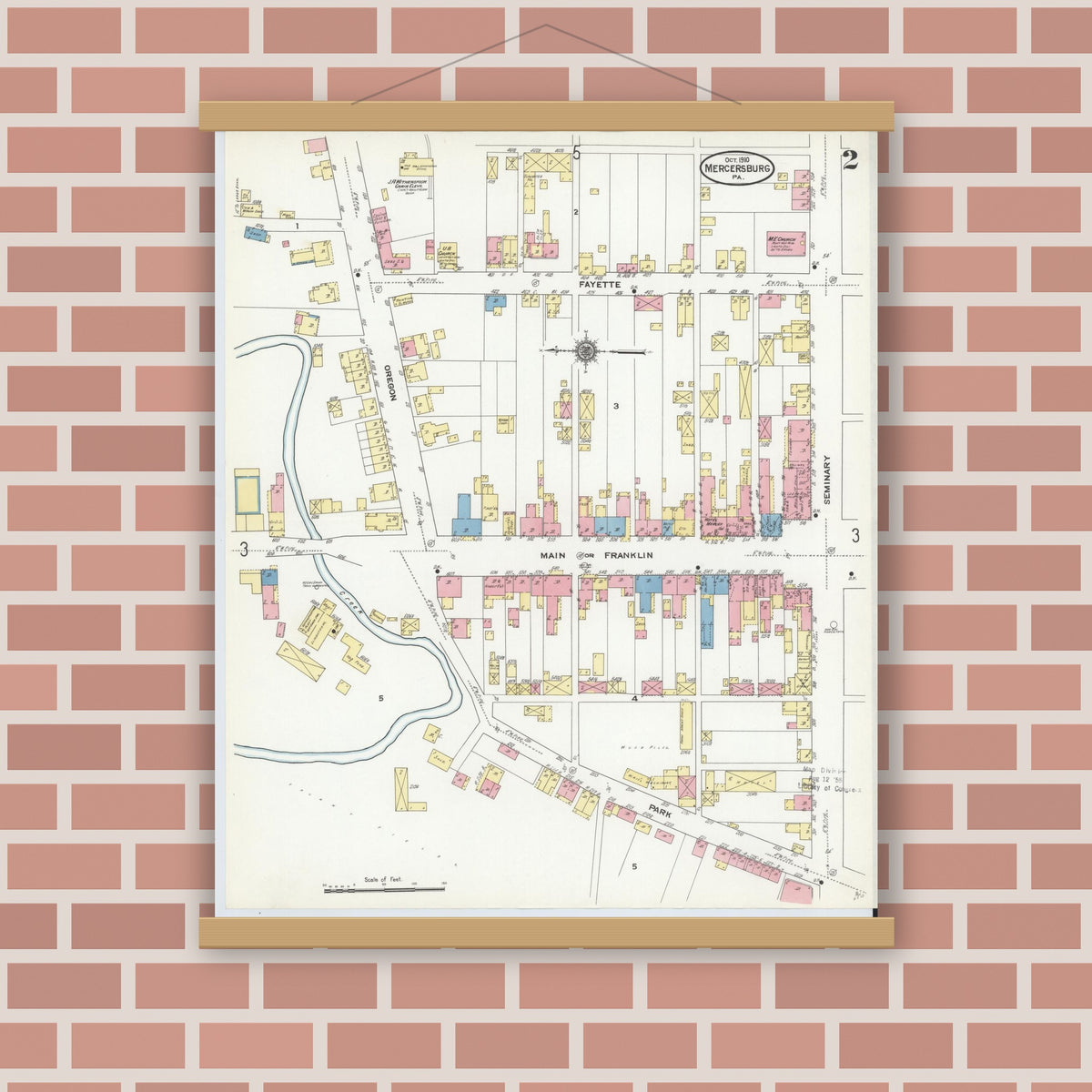 Old map wall art mockup — magnetic wood frame on brick wall — Sanborn Fire Insurance Map from Mercersburg, Franklin County, Pennsylvania (1910), Sheet #0002