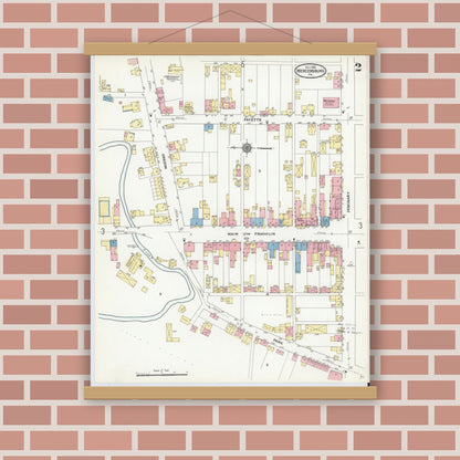 Old map wall art mockup — magnetic wood frame on brick wall — Sanborn Fire Insurance Map from Mercersburg, Franklin County, Pennsylvania (1910), Sheet #0002