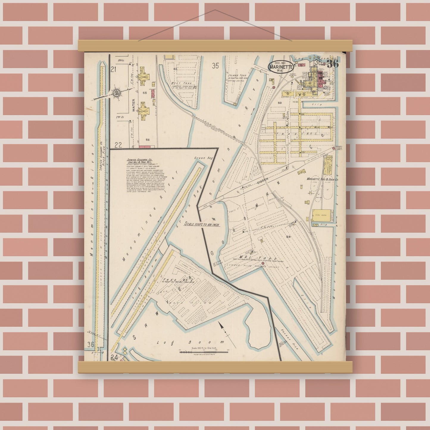 Old map wall art mockup — magnetic wood frame on brick wall — Sanborn Fire Insurance Map from Marinette, Marinette County, Wisconsin (1921), Sheet #0036