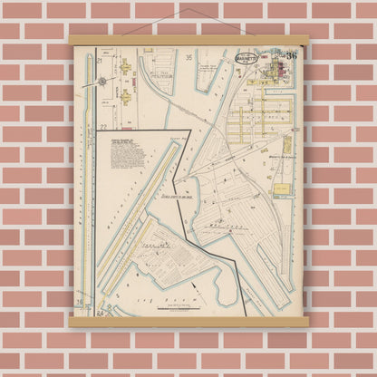 Old map wall art mockup — magnetic wood frame on brick wall — Sanborn Fire Insurance Map from Marinette, Marinette County, Wisconsin (1921), Sheet #0036