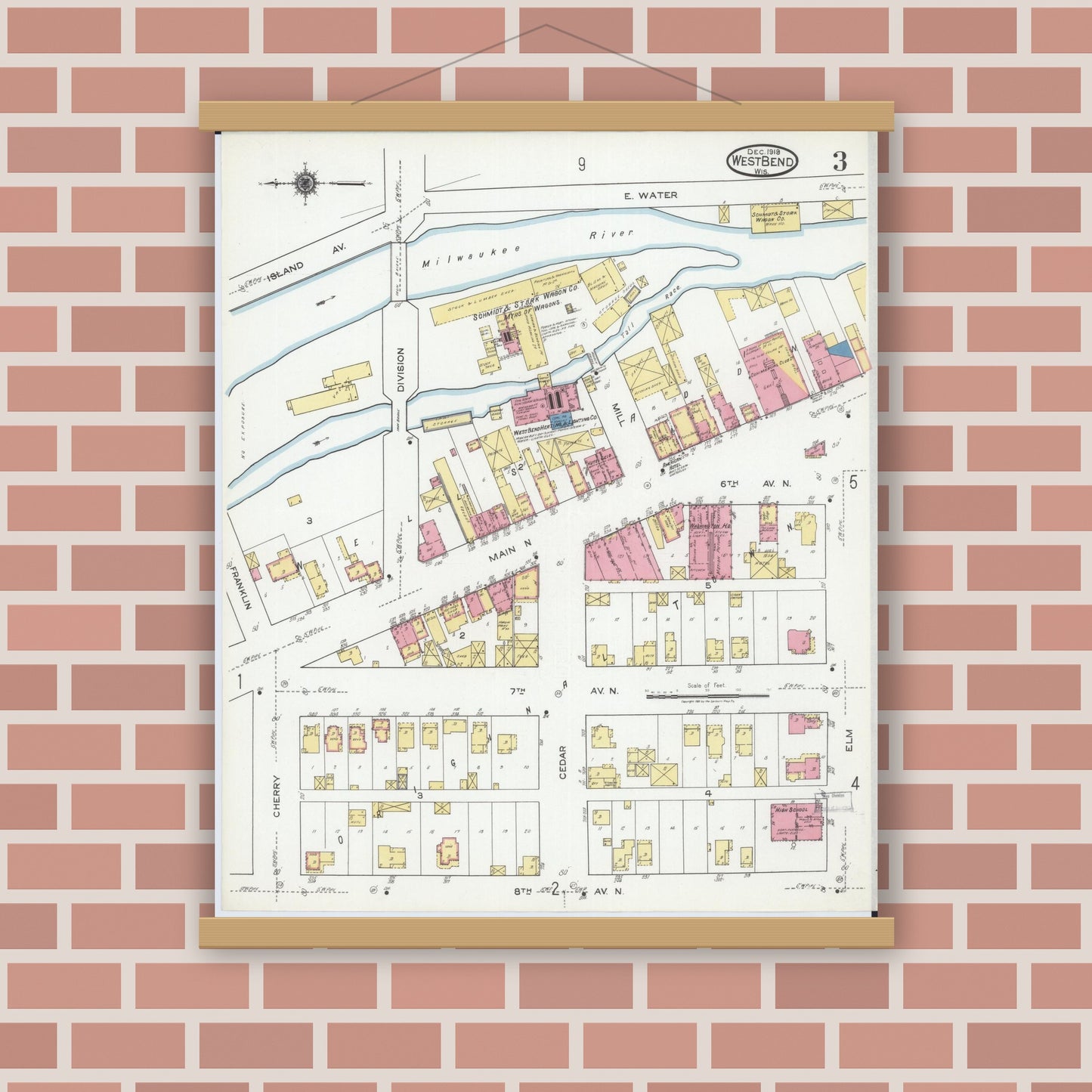 Old map wall art mockup — magnetic wood frame on brick wall — Sanborn Fire Insurance Map from West Bend, Washington County, Wisconsin (1919), Sheet #0003