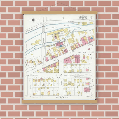 Old map wall art mockup — magnetic wood frame on brick wall — Sanborn Fire Insurance Map from West Bend, Washington County, Wisconsin (1919), Sheet #0003