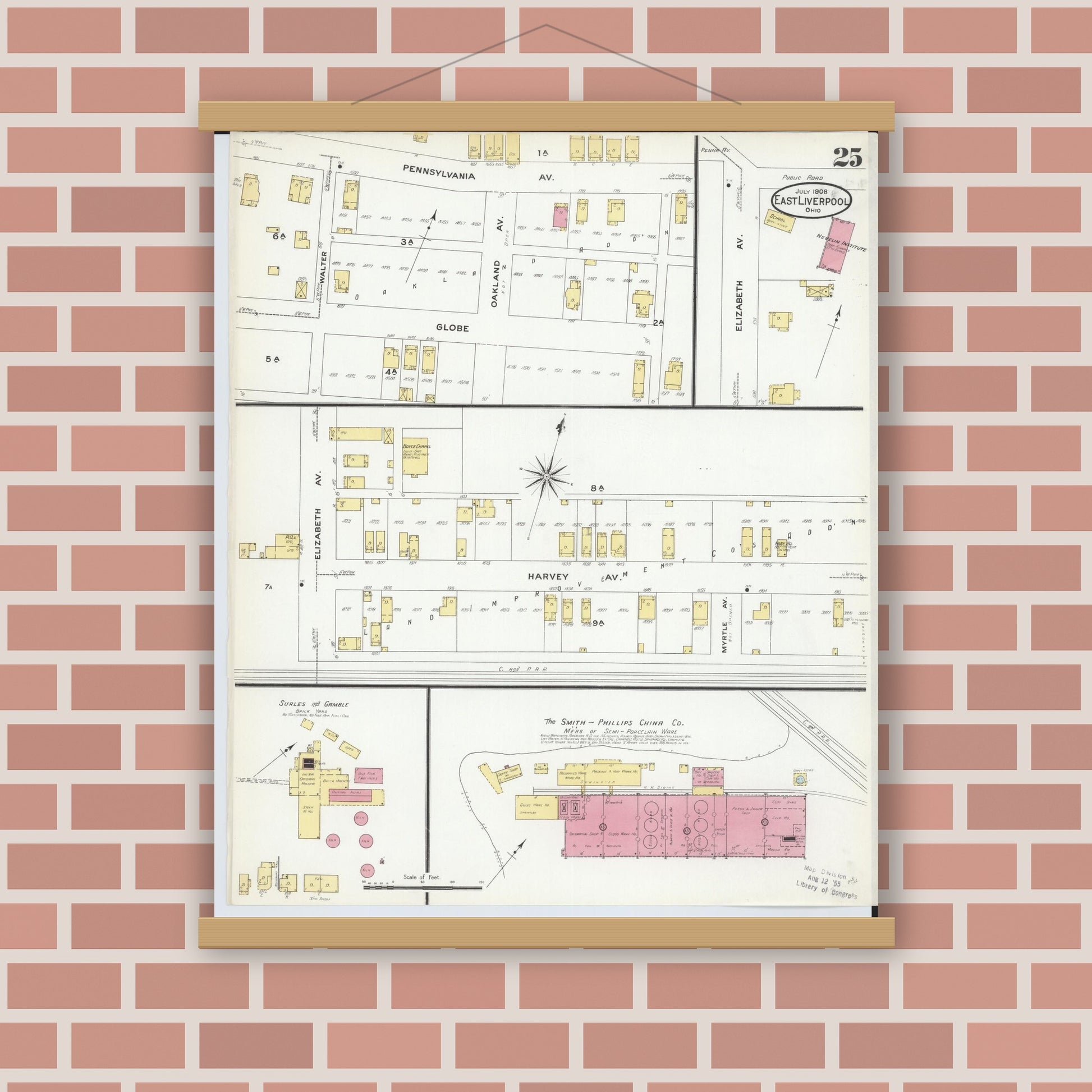 Old map wall art mockup — magnetic wood frame on brick wall — Sanborn Fire Insurance Map from East Liverpool, Columbiana County, Ohio (1908), Sheet #0025