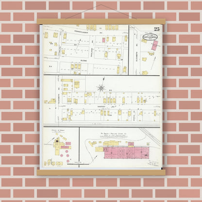 Old map wall art mockup — magnetic wood frame on brick wall — Sanborn Fire Insurance Map from East Liverpool, Columbiana County, Ohio (1908), Sheet #0025