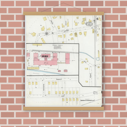 Old map wall art mockup — magnetic wood frame on brick wall — Sanborn Fire Insurance Map from Millville, Worcester County, Massachusetts (1903), Sheet #0004