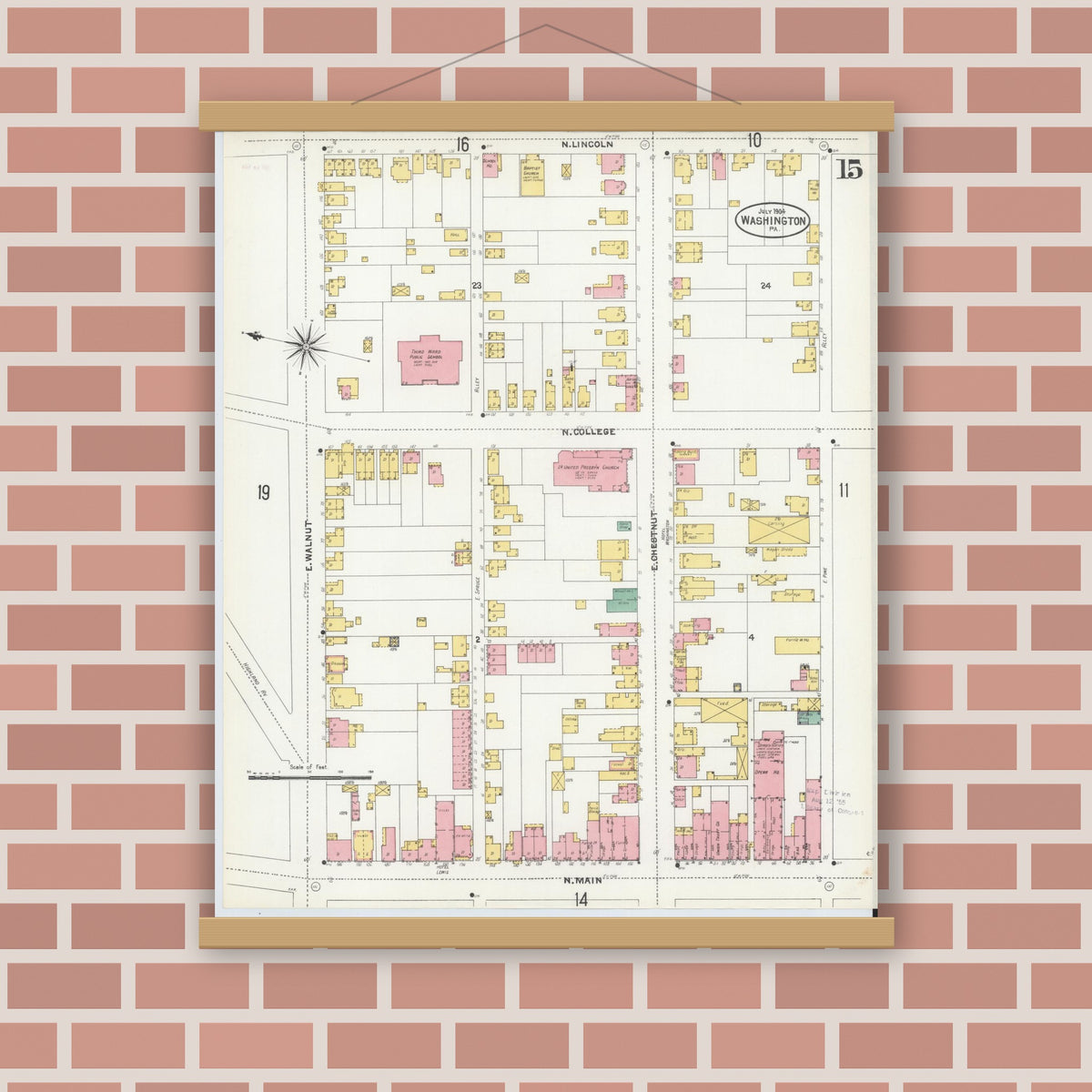 Old map wall art mockup — magnetic wood frame on brick wall — Sanborn Fire Insurance Map from Washington, Washington County, Pennsylvania (1904), Sheet #0015