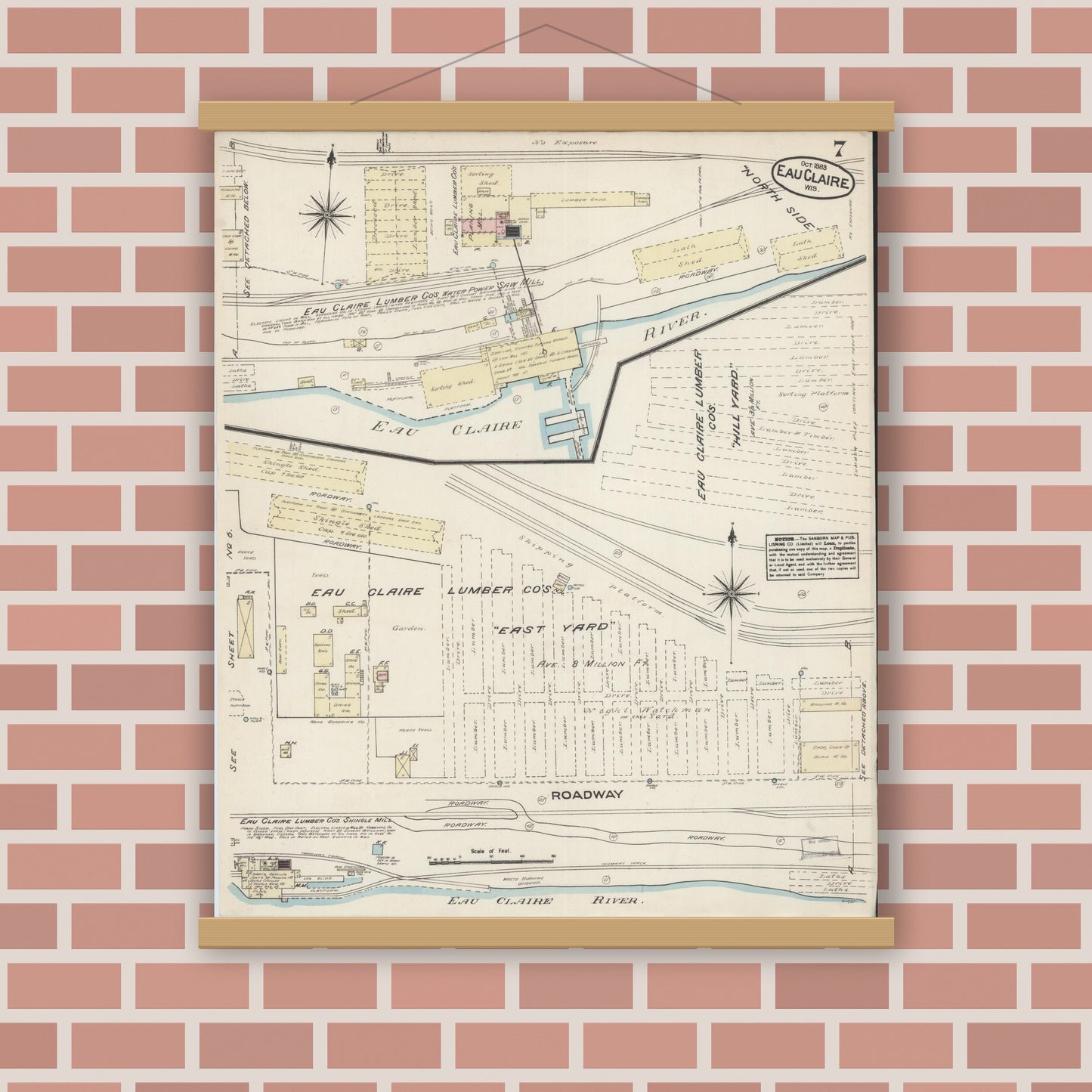 Old map wall art mockup — magnetic wood frame on brick wall — Sanborn Fire Insurance Map from Eau Claire, Eau Claire County, Wisconsin (1883), Sheet #0007