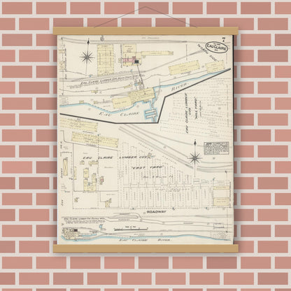 Old map wall art mockup — magnetic wood frame on brick wall — Sanborn Fire Insurance Map from Eau Claire, Eau Claire County, Wisconsin (1883), Sheet #0007