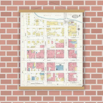 Old map wall art mockup — magnetic wood frame on brick wall — Sanborn Fire Insurance Map from Bluffton, Wells County, Indiana (1912), Sheet #0004