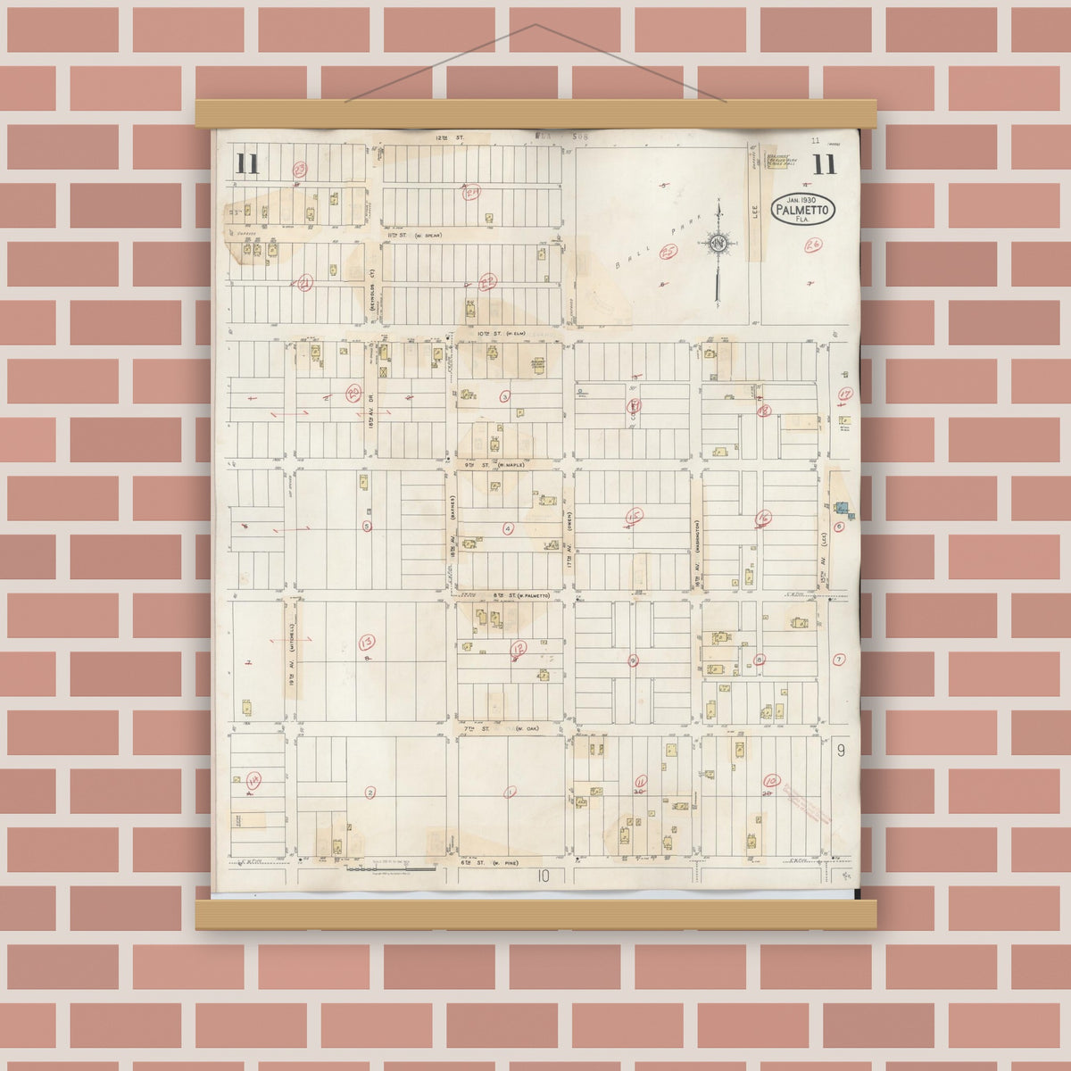 Old map wall art mockup — magnetic wood frame on brick wall — Sanborn Fire Insurance Map from Palmetto, Manatee County, Florida (1944), Sheet #0011