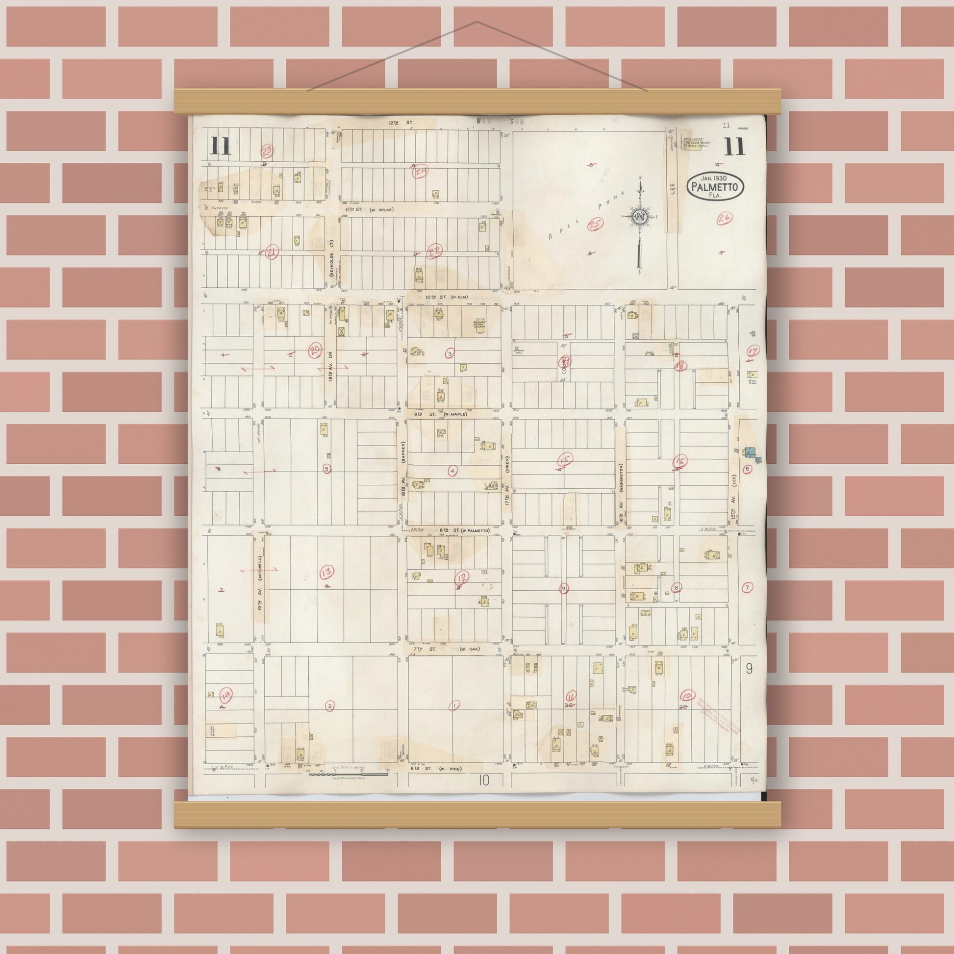 Old map wall art mockup — magnetic wood frame on brick wall — Sanborn Fire Insurance Map from Palmetto, Manatee County, Florida (1944), Sheet #0011