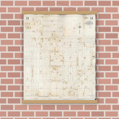 Old map wall art mockup — magnetic wood frame on brick wall — Sanborn Fire Insurance Map from Palmetto, Manatee County, Florida (1944), Sheet #0011