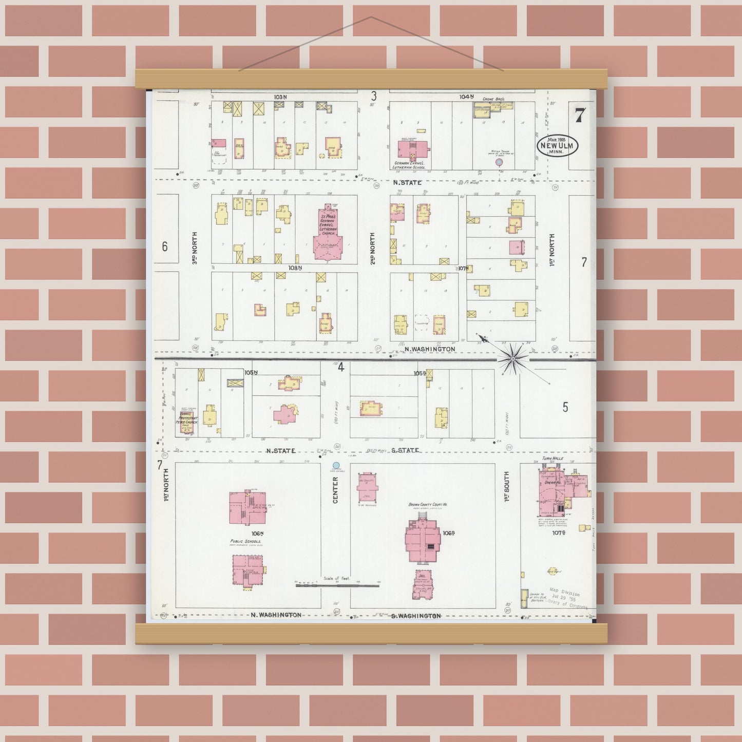 Old map wall art mockup — magnetic wood frame on brick wall — Sanborn Fire Insurance Map from New Ulm, Brown County, Minnesota (1905), Sheet #0007