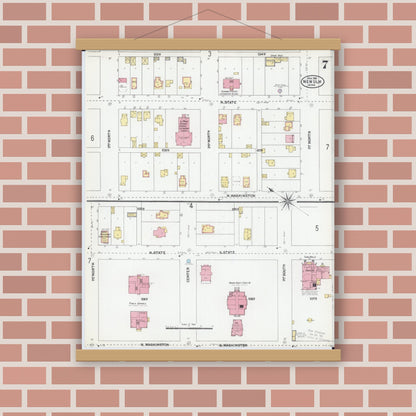 Old map wall art mockup — magnetic wood frame on brick wall — Sanborn Fire Insurance Map from New Ulm, Brown County, Minnesota (1905), Sheet #0007